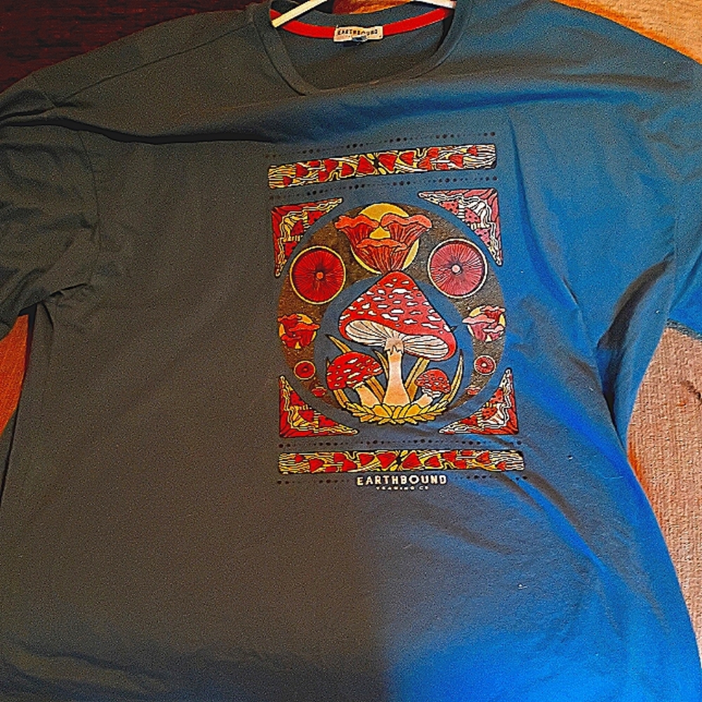 Earthbound Blue Tee with Mushroom Design